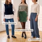 Patrons de couture : le Top Noué Réversible - Louise, la jupe portefeuille Paula et le pantalon palazzo Jules portés
