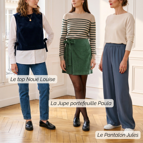 Patrons de couture : le Top Noué Réversible - Louise, la jupe portefeuille Paula et le pantalon palazzo Jules portés